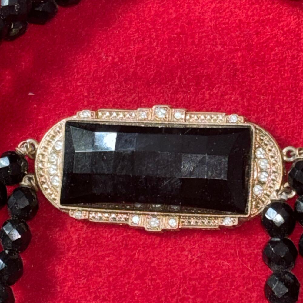 Vintage Art Deco Style 2 Strand Neck Black Glass Beads Black Stone Gold Tone 16” - Picture 4 of 5